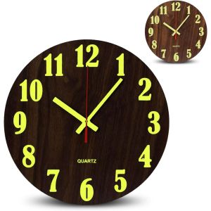 FCHHK-Horloge Murale Lumineuse en Bois - Pendule Phosphorescente - Grands Chiffres + Aiguilles Fluorescents - Silencieuse, sans tic tac - pour Cuisine, Bureau, Salon, Chambre - Ø 25 cm - Neuf