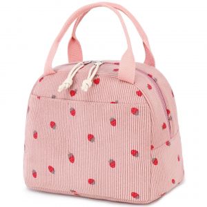 Sac &agrave; d&eacute;jeuner pour homme femme - AQSACOKIYA - Sacs de transport mignons en velours c&ocirc;tel&eacute; - Bo&icirc;te &agrave; d&eacute;jeuner isol&eacute;e - Rose Fraise - Neuf