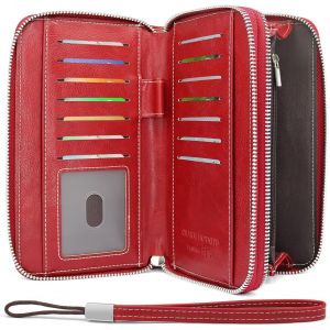 CAUC-Portefeuille Femme en Cuir PU Grande Capacite Porte Monnaie Femme RFID Blocage Porte Feuilles pour Femme avec 14 Emplacements Cartes Fermeture Eclair Longue Portefeuille (Rouge Vin) - Neuf