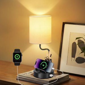 Subzonal-Lampe De Table, Gradation Tactile, 2700k Lumi&egrave;re Chaude Avec Ports Usb A + Type-C, Support T&eacute;l&eacute;phone & Porte-Stylos, Lampe De Chevet Moderne En C&eacute;ramique Pour Chambre, Salon, Bureau - Noir - Neuf