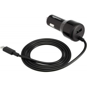 Basics Chargeur Pour Voiture Usb-C (18 W) Avec Alimentation Et Usb-A (12 W) Avec Câble, Noir - Neuf