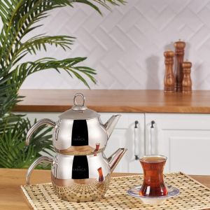 Adelya Mini Th&eacute;i&egrave;re en m&eacute;tal, Th&eacute;i&egrave;re 0,65 Lt + Couvercle de th&eacute;i&egrave;re Buveur 1,1 Lt Th&eacute;i&egrave;re turque, Acier inoxydable, Adapt&eacute; &agrave; l'induction, Adapt&eacute; au lave-vaisselle, Teapot, Caydanlik - Neuf