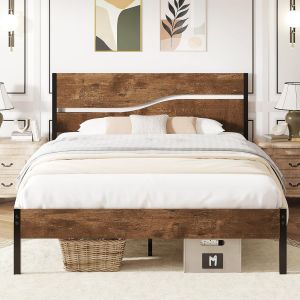 SUBZONAL-Cadre de lit 140x190 cm, Sommier Plateforme avec T&ecirc;te de lit en Bois Rustique Vintage, Support &agrave; Lattes en M&eacute;tal Solide, Rangement sous Le Lit, Assemblage Facile, Noir Et Marron - Neuf