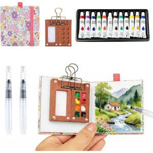 Kalanka-Kit Aquarelle Miniature, Kit Aquarelle Mini Palette Dessin Portable &Agrave; 8 Grilles, 12 Voyage Kit Aquarelles Voyage, Bo&icirc;te Peinture Pliable Avec Clip 2 Pinceaux, Pour Peintres &Eacute;tudiants (Floral) - Neuf