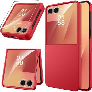 JGD-Coque pour Samsung Galaxy Z Flip 7, [Verre Tremp&eacute; HD Externe] Ultra-Fine Solide R&eacute;sistant aux Rayures Antid&eacute;rapante, Mate L&eacute;g&egrave;re Rigide Coque Samsung Flip 7 Antichoc, Rouge - Neuf