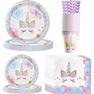 Sjzg-84 Pi&egrave;ces Vaisselles Anniversaire Kit Pour Enfants &Agrave; Th&egrave;me Violet Licorne Avec Assiettes Papier Serviettes Tasses Et Pailles,Id&eacute;al Pour F&ecirc;tes D'enfants,Table D&eacute;coration Joyeuse -16 Invit&eacute;s - Neuf