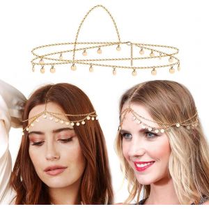 Kal-Chaîne De Tête Doré, Bandeau Cheveux Femme Fille, Bijoux De Tête Oriental Or, Accessoire Bohème Pour Festival Et Mariage - Neuf