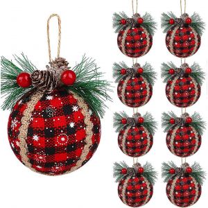 Piao 9 - Lot de 9 boules de No&euml;l &agrave; carreaux - Boules de 7,6 cm en tissu &agrave; carreaux noirs et rouges avec pommes de pin et verdure, sapin de No&euml;l &agrave; carreaux - Neuf