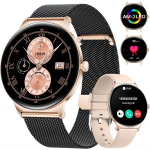 Montre Connectée Femme Avec Appels Bluetooth, 1.43"" Amoled Hd Montre Sport Femme Avec Calories/Santé Des Femmes/Spo2, Ip68 Montre Connectée Femme Waterproof, Android Ios Or Noir Montre Femme - Neuf