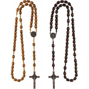 2 Pi&egrave;ces Collier Chapelet Croix Catholique,Chapelet Catholique Avec Croix M&eacute;daille J&eacute;sus Christ Saint Beno&icirc;t Perles De Pri&egrave;re En Bois Naturel,Pour Communion,Bapt&ecirc;me,Messe - Neuf