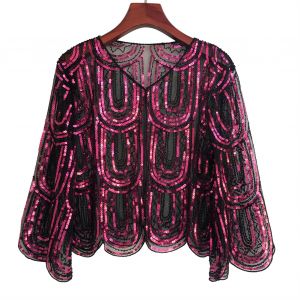 Veste Châle Rétro, Douce Et Légère, Vêtements D'extérieur Ornés De Paillettes, Style Vintage, Accessoire De Soirée Parfait-Rose Rouge - Neuf