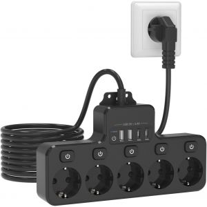 Multiprise 9 En 1 Avec Usb, 5 Prises Avec Usb C, Interrupteur Individuel Pour Cuisine, Salon, Bureau, Chambre À Coucher, Montage Mural Avec Câble De 2 M, Noir - Neuf