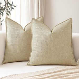 CAUC-Lot de 2 housses de coussin d&eacute;coratives &agrave; carreaux doux avec bords cousus de style boh&egrave;me et rustique pour canap&eacute;, terrasse, chambre &agrave; coucher, salon, kaki clair (60 x 60 cm) - Neuf