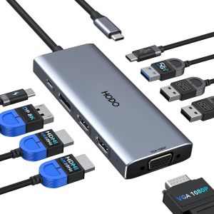 Station d'accueil USB C double &eacute;cran 2 HDMI, 9 en 1 pour ordinateur portable, avec deux HDMI+ DP 8K+VGA+4 USB+PD, adaptateur multiport USBC pour HP/Thinkpad/Surface - Neuf