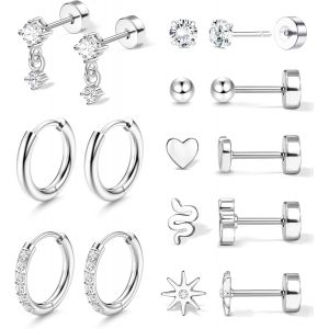 Kal-8 Paires Boucles D'oreilles Femme Acier Inoxydable Boucle D'oreille Femme Or 18 Carats Piercing Oreille Tragus, Boucles D Oreilles Créoles Cartilage Helix Piercing Oreille Homme,Or/Argent - Neuf
