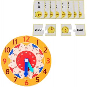 KAL-Horloge &Eacute;ducative En Bois Pour Enfant - Pour Apprendre - Puzzle - Jouet - Cartes De Montre - Montre Scolaire - Convient Pour La Maternelle Et L'&Eacute;cole Primaire - Neuf