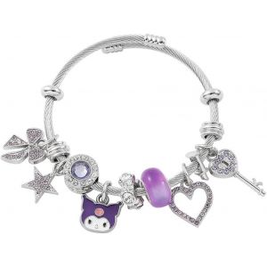Kalsw-Bracelet C&acirc;ble Torsad&eacute; Charm Personnage Anim&eacute; Cristaux Breloques Multiples Bijou Femme Acier Inoxydable - Neuf