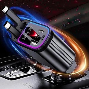 JGD-Chargeur de voiture r&eacute;tractable 66 W 4 en 1 avec lumi&egrave;re ciel &eacute;toil&eacute;, r&eacute;glable &agrave; 180 &deg;, chargeur USB-C rapide compatible avec iPhone 16/15/14/13/12, Galaxy S24/S23, appareils Android - pour voitu - Neuf