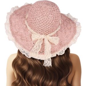 Chapeau De Paille Pour Femme Avec Dentelle-Chapeau De Soleil À Large Bord Pliable-Chapeau De Paille En Crochet Élégant.[Z335] - Neuf