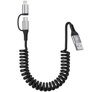 LORANKA-2 en 1 Cable Spirale Voiture pour Apple CarPlay et Android Auto [MFi & 3A Charge Rapide], C&acirc;ble Multi USB avec Lightning USB C C&acirc;ble pour iPhone 16/15/14/13/12/11/Galaxy/Huawei/Google Pixel - Neuf
