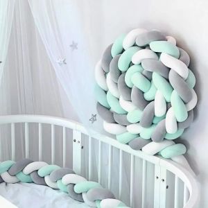 3m Tour De Lit Coussin Serpent Coussin Tress&eacute; Pare-Chocs Velours Protection B&eacute;b&eacute; (Blanc Gris Vert) - Neuf