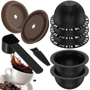Lot de 5 capsules Vertuo reutilisables pour machine Nespresso, capsules de cafe avec 2 couvercles en silicone, 1 cuillere et 1 dosette - Neuf