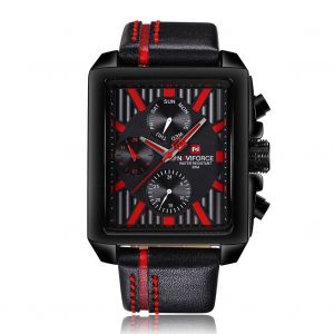 Montre Homme Naviforce A Quartz, Bracelet En Cuir, Etanche 3atm, Cadran Carre (Noir Et Rouge) - Neuf