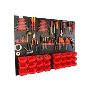 botle&reg; Panneau perfor&eacute; m&eacute;tallique, bacs empilables + &eacute;tag&egrave;re murale + porte-outils, lot de 51 pi&egrave;ces, 24 bacs empilables rouges - Neuf