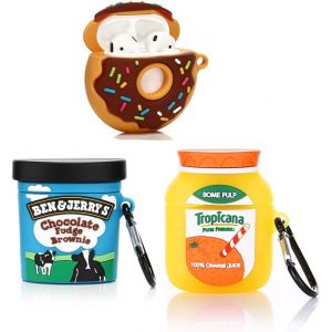 (3P) Coque pour Airpods 1 et Airpods 2,Housse de Protection en Silicone pour Airpods avec Motif Mignon et drôle de Peau,avec Porte-clés (Orange+Donuts+BenJerry) - Neuf