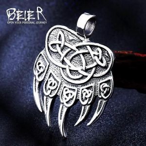 Beier En Acier Inoxydable Amulette Viking Slave Dieu Symbole Warding Veles Ours Patte Avec Noeud Pendentif Collier Bijoux Bp8-291 - Neuf