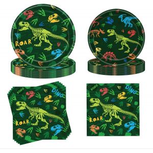 Letnerny-40pcs Dino Vaisselle De F&ecirc;te Avec Unique Decoration Anniversaire Dinosaure, Vaisselle Jetable Anniversaire Enfant Fournitures F&ecirc;te , Assiettes, Serviettes, 20 Invit&eacute;s - Neuf