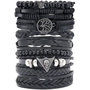 Kal-Lot De 8 À 10 Bracelets En Cuir Tressé Pour Homme - Perles En Bois - Tête De Mort - Métal - Neuf