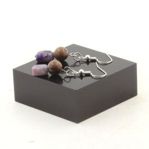 Boucles D'oreilles 2 Perles Charoite De Russie + Bois 8 Mm En Acier Fabriqu&eacute; En France. - Neuf