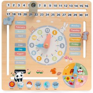JGD-Calendrier en Bois Enfant 6-en-1 &iquest; Apprentissage des Mois, Jours, Saisons, Heure, M&eacute;t&eacute;o &iquest; Jouet &Eacute;ducatif Motricit&eacute; d&egrave;s 3 Ans - Neuf