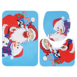 Hjlian Ensemble De 3 Tapis De Salle De Bain A Motif Bonhomme De Neige Bleu, Housse De Siege De Toilette, Tapis Rectangulaire Antiderapant En Forme De U - Neuf