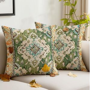 CAUC-Lot de 2 Housses de Coussin Boh&egrave;me 45x45 cm Style Vintage en Velours Vert pour Canap&eacute; Jardin, Bureau Salon Lit - Neuf