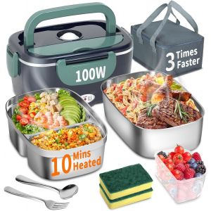 JEXNOVASHOP-Bo&icirc;te &agrave; d&eacute;jeuner &eacute;lectrique 100 W, 3 en 1, portable, bo&icirc;te &agrave; lunch chauffante en acier inoxydable amovible, 12 V/24 V/220 V, pour voiture/camion/bureau (Bleu, 1.5 L) - Neuf