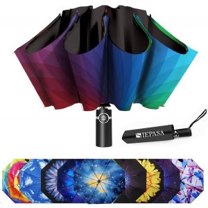 Parapluie Coupe-Vent, Parapluie De Voyage, Parapluie Invers&eacute; Pliable Compact, Un Bouton Pour L'ouverture Et La Fermeture Automatiques, Arc-En-Ciel - Neuf