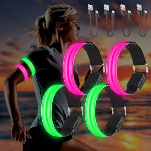 Jexnovashop-4pcs Brassard Lumineux Led Rechargeable Usb, Brassard Reflechissant Led Running, Bande Clignotant Ajustable Bracelet Lumineux Led De S&eacute;curit&eacute; Pour Bras/Poignet/Cheville/Jambe Course, Cycl - Neuf