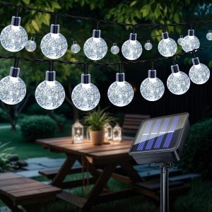 KAL-Guirlande Lumineuse Solaire Exterieur, 11M 60 Led Guirlande Lumineuse Exterieure, Ip65 Étanche, 8 Modes, Extérieur Intérieur Décoration Pour Jardin, Cour, Arbres, Mariage, Noël, Fête(Blanc Froid) - Neuf