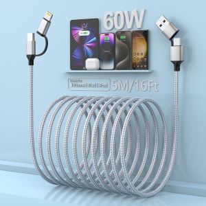 Thef-Câble Usb C 4-En-1 Câble Lightning 5m [Certifié Apple Mfi] 60w Câble De Chargeur Multi Pad Tressé Plat Combo Port Lightning/Type C/Usb A Pour Iphone, Android Samsung Galaxy, Huawei, Oneplus (60w - Neuf