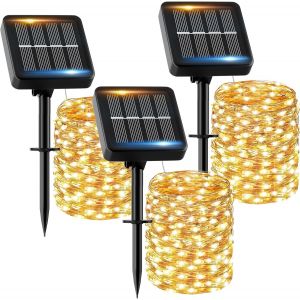Guirlande Solaire Exterieur 16m 160led ¿Lot De 3¿ Guirlande Lumineuse Exterieure Solaire Étanche Blanc Chaud 8 Modes Lumière Solaire Décoration Pour Jardin Terrasse Maison Fête Noël Mariage - Neuf