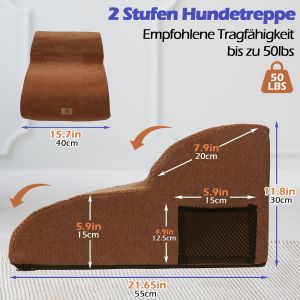 Escalier Pour Chien À 2 Marches,Rampe Prolongée,Pour Petits Chiens Et Chats,En Mousse Haute Densité,Pour Lit Et Canapé,Portable,Avec Housse Lavable (Marron) - Neuf