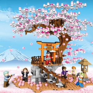 Kit de construction d'éclairage de cabane dans les arbres Sakura, ensemble de blocs de construction de sanctuaire japonais Inari. (1103 pièces) - Neuf