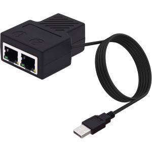 Ethernet Splitter 1 to 2 RJ45 Ethernet Network Switch 8P8C LAN Internet Extension 1 Input 2 Outputs Adapter with USB Power Cable for Computer Hub Router - Neuf