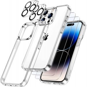 5 En 1 Coque Pour Iphone 14 Pro 6,1 Pouces, Anti-Jaunissement 2 Protection D'&Eacute;cran Et 2 Cam&eacute;ra Arri&egrave;re Protecteur, Film En Verre Tremp&eacute; &Agrave; Couverture Compl&egrave;te, Housse &Eacute;tui Antichoc (Clair) - Neuf