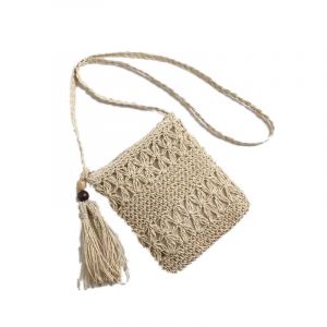 HJLIAN Sac en paille tisse a la main, carre, avec pompons, pour la plage, les rendez-vous, beige - Neuf