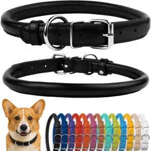 Eryi-Collier De Chien En Cuir Roulé, Collier De Chiot Rond Rembourré Doux, Collier En Cuir Véritable Fait À La Main Pour Chien Petit Grand Collier De Chat (30-35 Cm, Noir Texturé) - Neuf