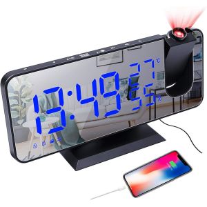 Réveil À Projection, Réveil Numérique À Led Avec Surface Miroir, Port De Chargement Usb, Répétition, Double Alarme, Radio Fm, Mode 3Dimming, Humidité De La Température, Réglage 12 / 24H - Neuf