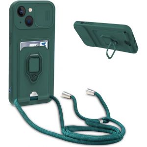 Ayu-Coque Avec Cordon Pour Iphone 15,Collier Pour Étui Colliers De Cellulaire Réglable Corde Silicone Souple Case,Protection De La Caméra,Support,Porte Cartes - Vert - Neuf